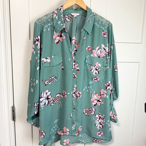 Candie's Green and Pink Floral lace Button Down Shirt juniors size 3x